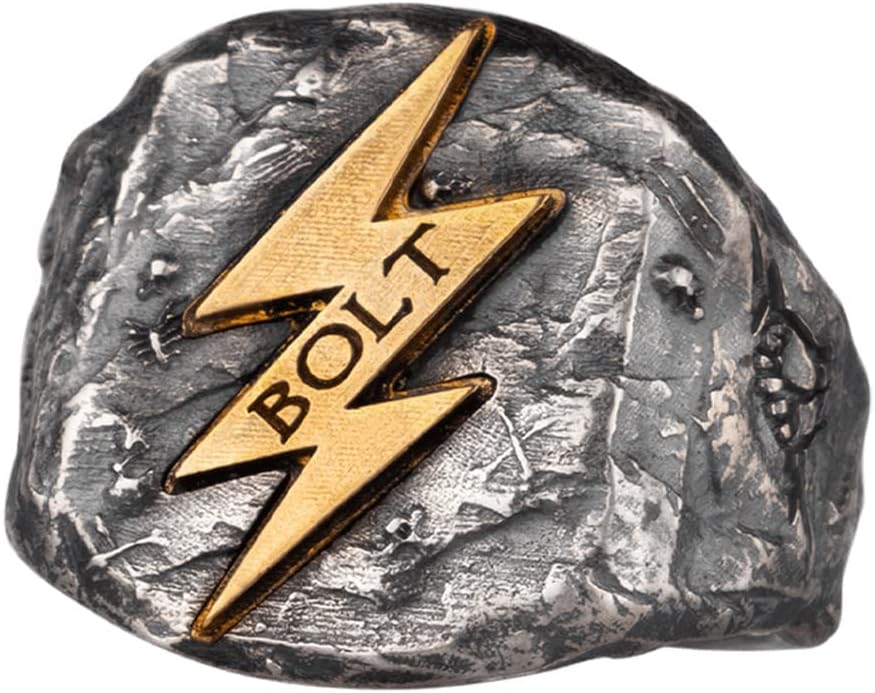ForFoxTwo Tone 925 Sterling Silver Flash Lightning Bolt Ring Golden Zeus Thunderbolt Ring for Men Open Adjustable