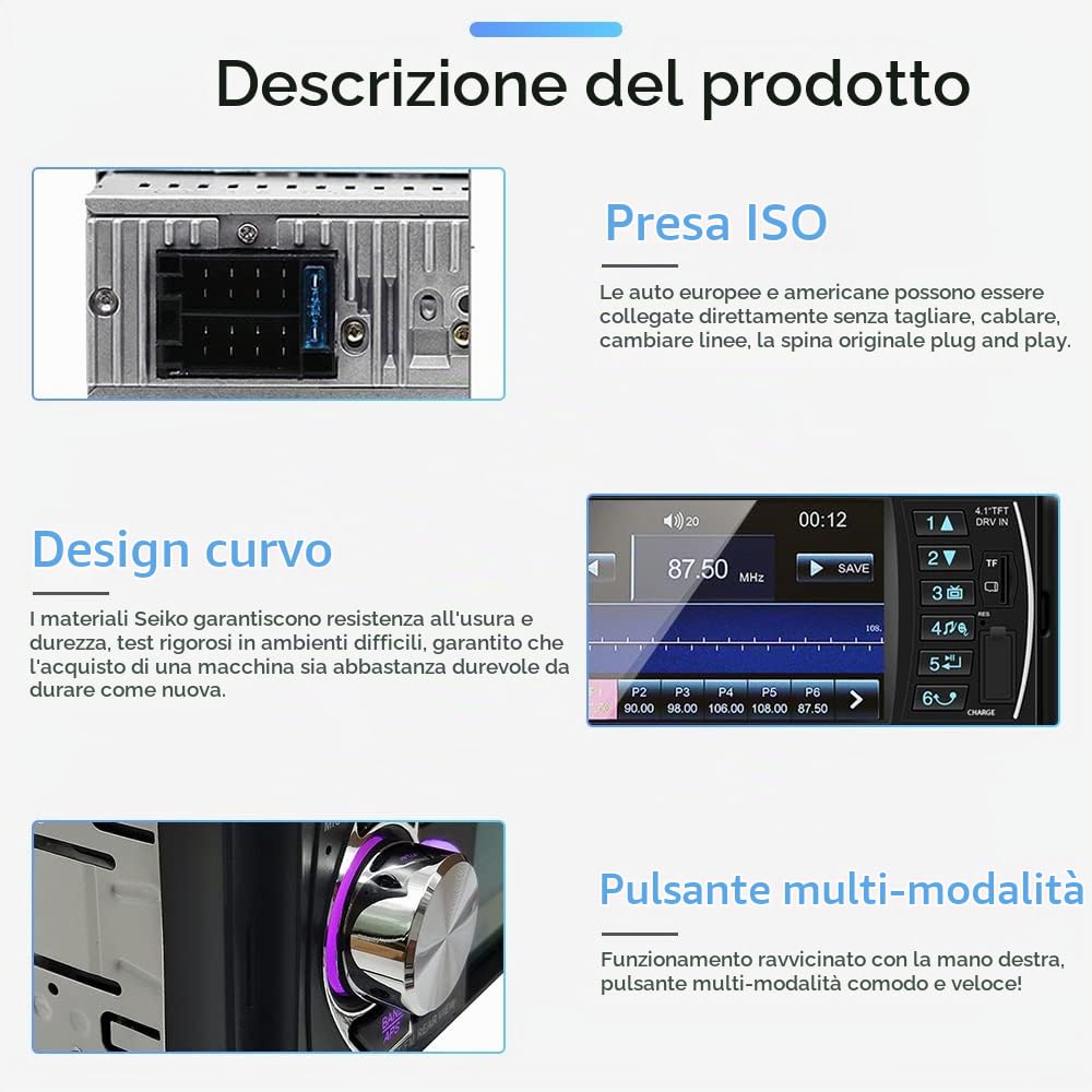 Hikity Autoradio Bluetooth 1DIN, 4.1'' Display Digitale TFT | Radio Stereo Auto, Vivavoce Bluetooth FM USB AUX TF, Comandi al Volante, Telecamera Posteriore, Nero