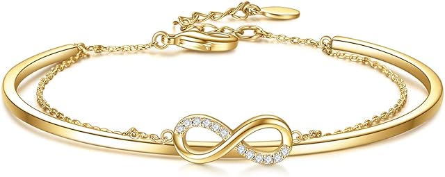 E 14K Gold Plated Infinity Love Layered Bangles Bracelets for Women Girls Womens Adjustable Forever Love Gold Two Layered Chain Bangle Bracelet Mother's Day Jewelry Gift for Mom Wife