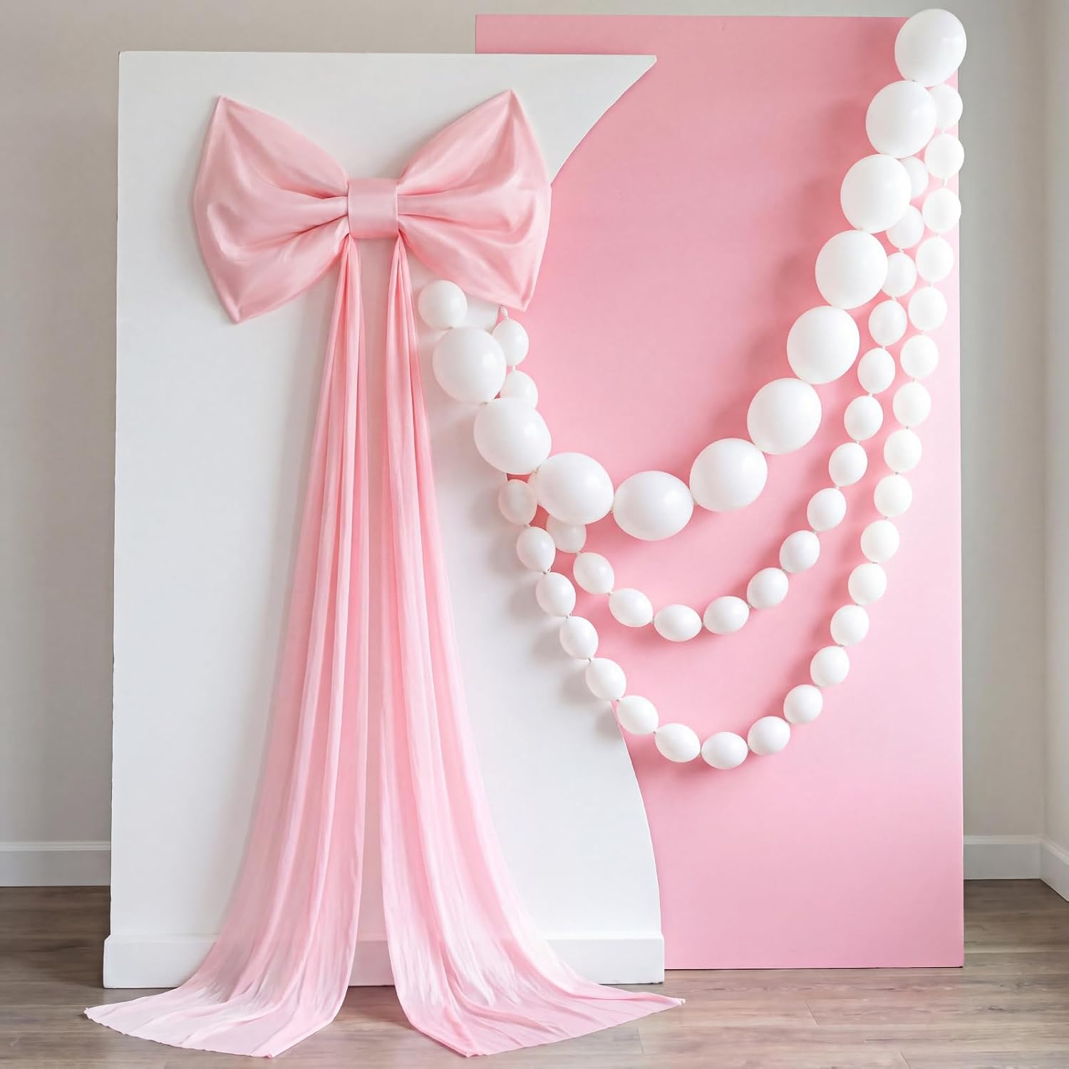 Hotop Giant Pink Bow with 100 Pcs White Link Balloons, 32 x 24 Inch Large Ice Silk Bow with 158 Inch Long Streamers for Coquette Backdrop Wedding Birthday Baby Shower Graduation Valentines Party Decor
