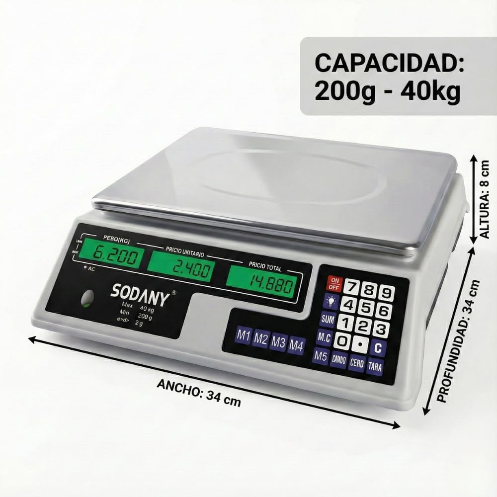 Báscula Comercial 40kg/2g Balanza Digital Profesional con Doble Pantalla LED Verde (3 Visores), Batería Recargable, Plato Acero Inoxidable. Ideal para Frutería, Mercadillo y Tiendas