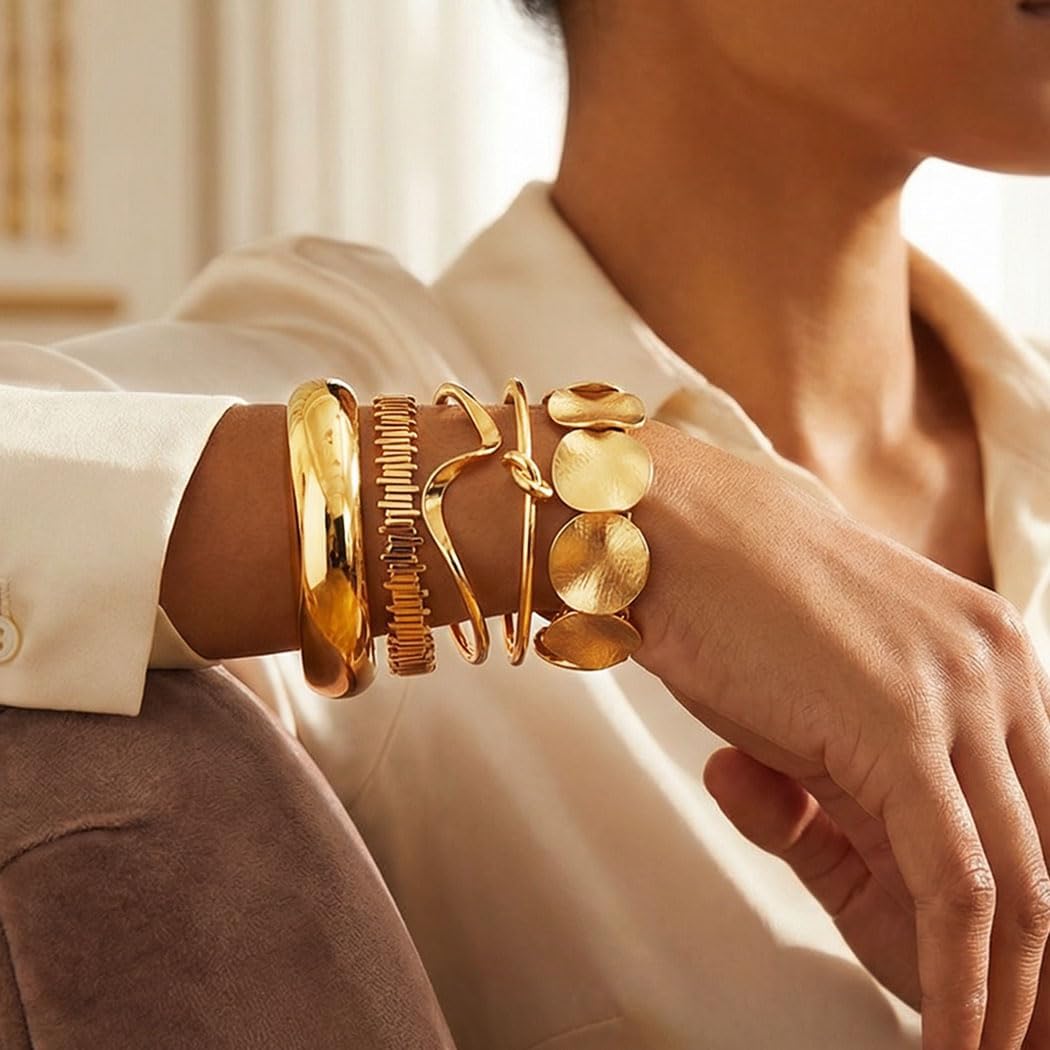 GORTIN Gold Bangle Bracelets for Women 14K Gold Plated Chunky Cuffs Bracelet Set Non Tarnish Bracelets for Women