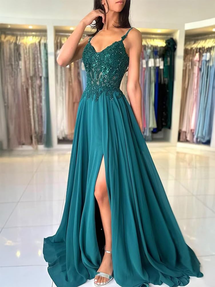 shownicer Abito Cerimonia Donna Vestito Lunghi Eleganti Matrimonio Abito da Sera in Chiffon Vita Alta Scollo A V Abiti in Pizzo Vestiti con Spacco