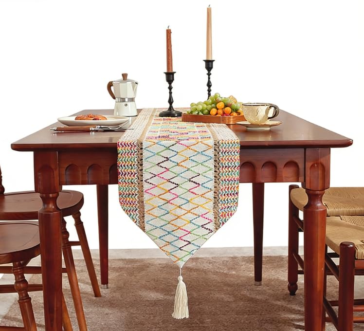 Table Runner, Boho Embroidered Table Decoration with Handmade Tassels, Cotton Linen Dining Decor for Kitchen Party Family Gathering & Everyday Use(183x33cm, Colour Grid)