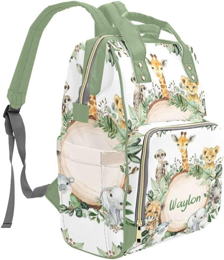 Safari Wild Jungle Animals Personalized Diaper Bag Backpack Custom Name Text Backpack Nappy Bag Mommy Bag for Girl Boy