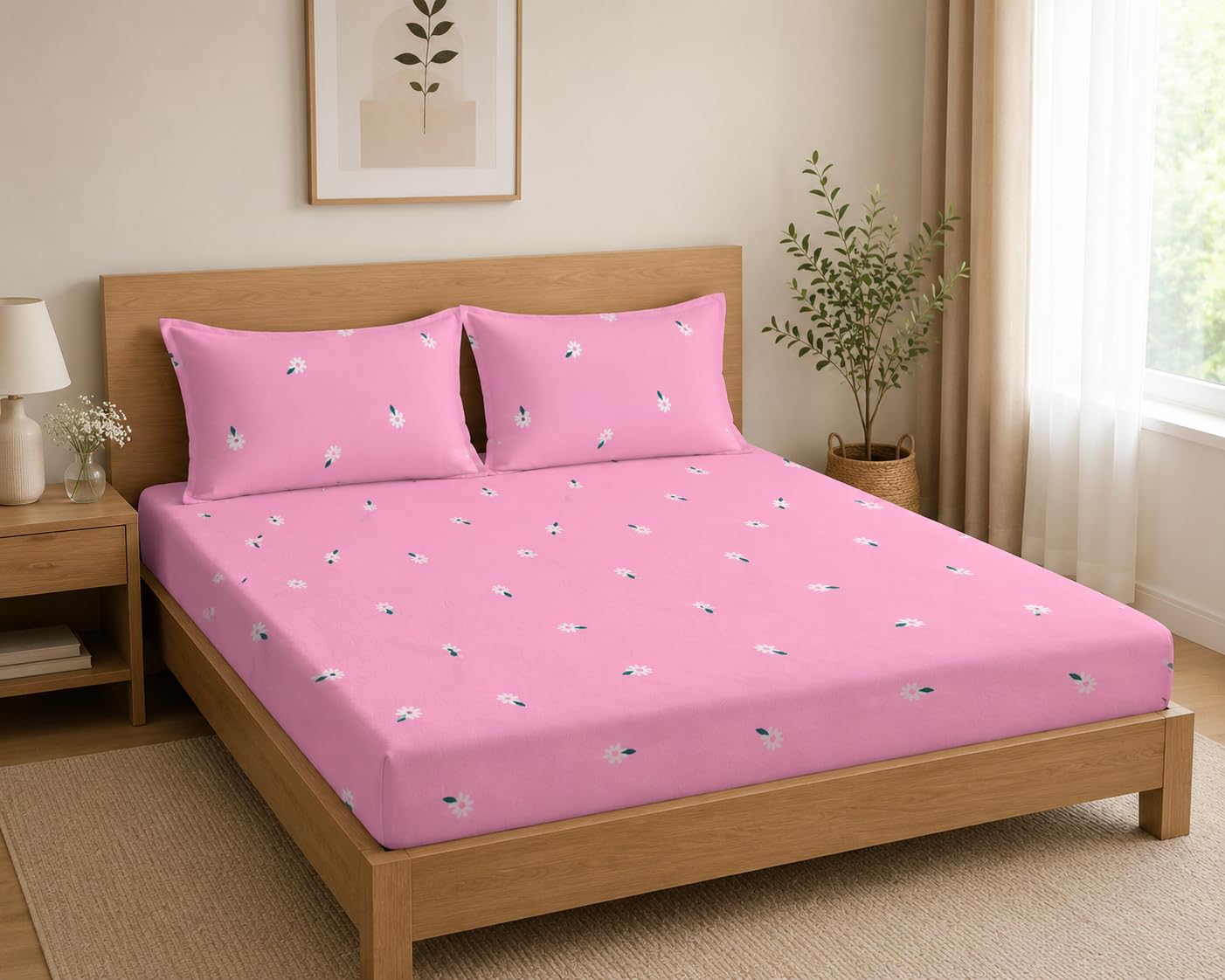 LOOMLYFE 300 TC Cotton Feel Glace Cotton Elastic Fitted Printed Queen Size Double Bed Bedsheet with 2 Pillow Covers Fits Upto 8 inches,Size- 60x78x10 Inches, PinkSmallFlower
