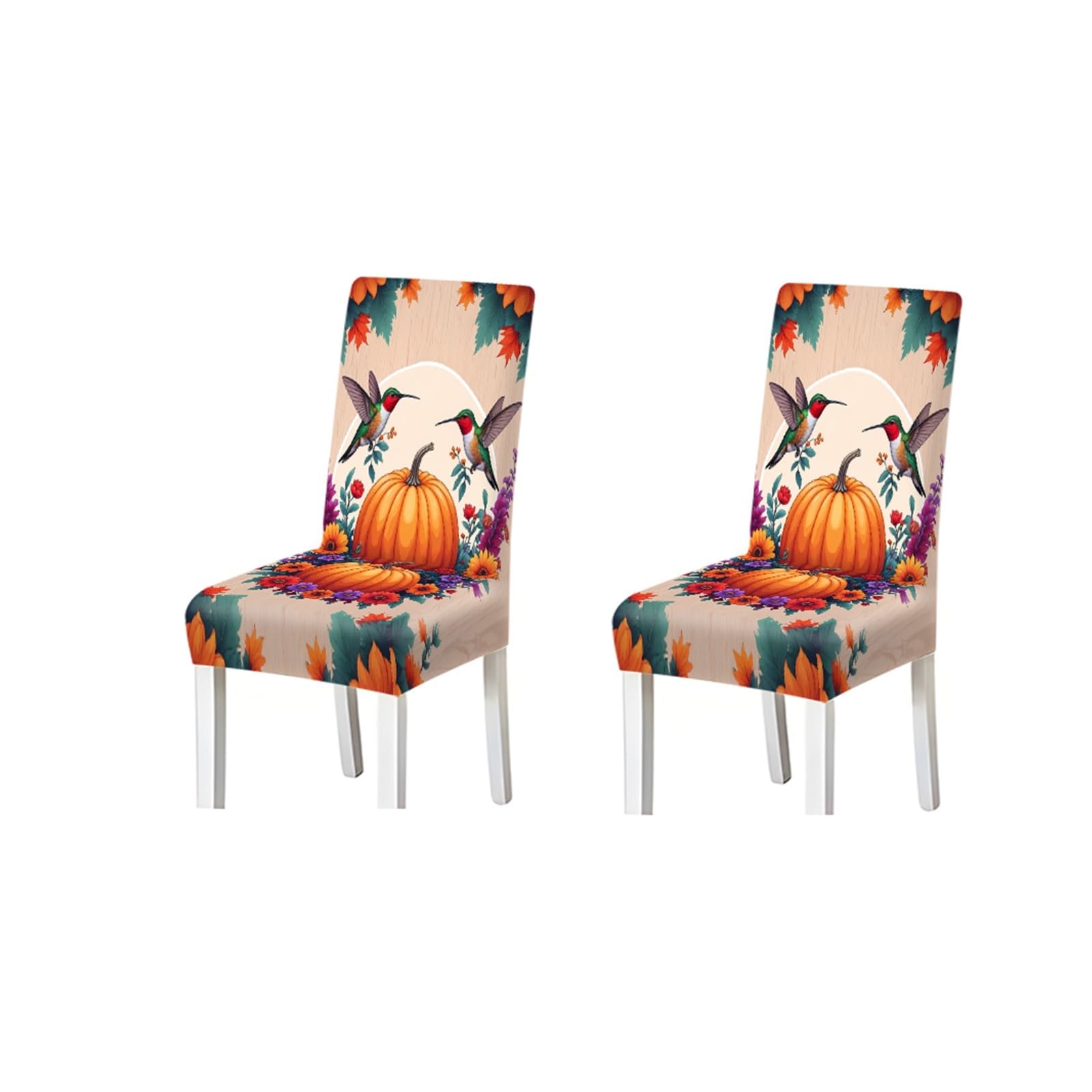 BOSUYBN Autumn Pumpkin & Hummingbird Print Stretch Dining Chair Covers, Set Of 2/4/6 Furniture Protectors for Home Dining Room(2PCS Chair cover)