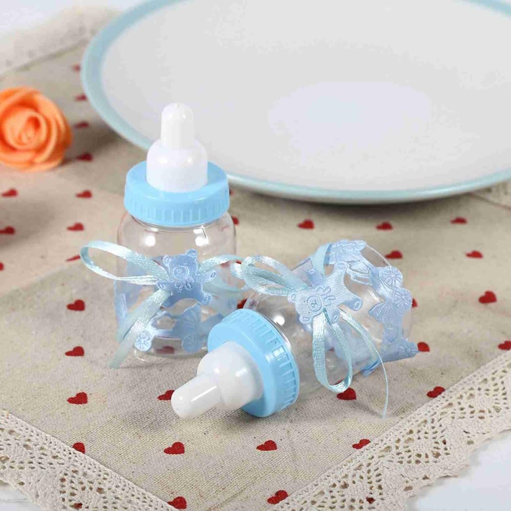 12 Pcs Plastic Candy Bottles Feeding Bottle Design with Ribbons for Party Favors Candy, Chocolate and Small Gifts Decorations(Blue)