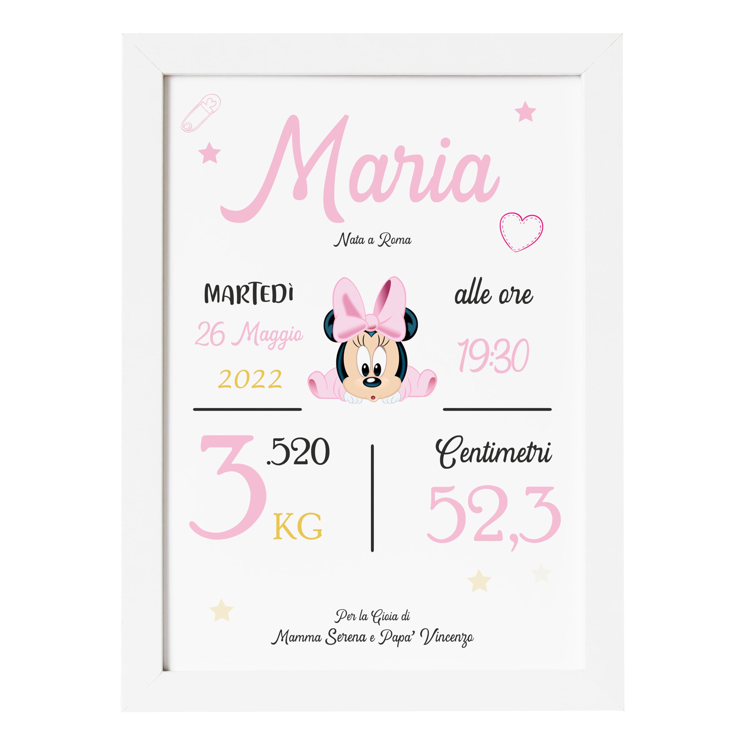 Luglio® - Quadretto Nascita, Cornice Nascita Personalizzata con i Dati del tuo Neonato o Bambino. Idea Regalo per Battesimo, Nascita. Decorazione per Cameretta. 25x20 Cm (Modello 1, Femminuccia)