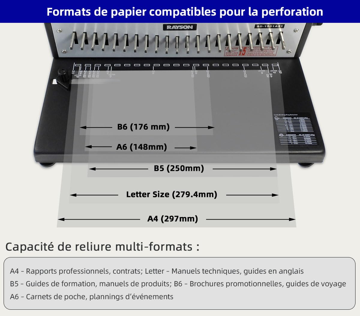 RAYSON Relieuse Spirale Plastique 21 Trous 200 Feuilles SD-1501A21 Construction métallique