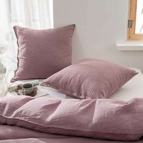Simple&Opulence Juego de 2 fundas de almohada decorativas de 100 % lino lavado, 26 x 26 pulgadas, con botón de coco, color liso (morado)