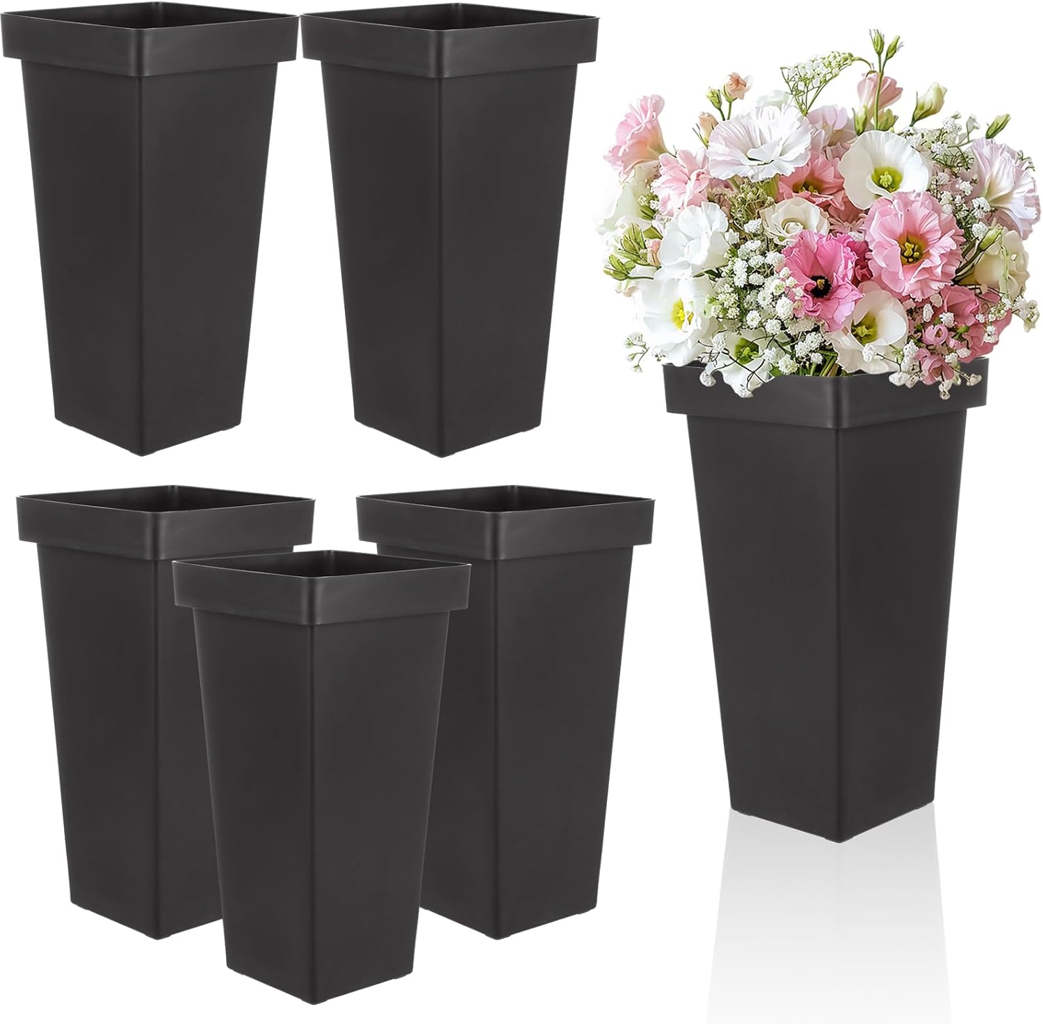 MIVIDE 6 Pack Black Flower Buckets for Cut Flowers, 13.3 inch Plastic Floral Buckets Flower Vases Modern Square Vase for Centerpieces, Home, Office, Wedding Decorations Display