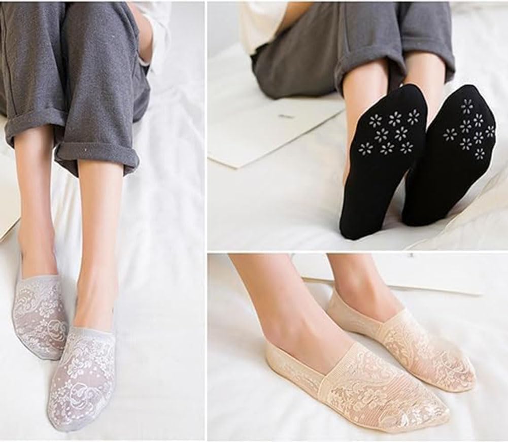 New Women's Lace Flower Cotton Bottom Invisible Socks,Women's No Show Lace Low Cut Socks (5 Colors,One Size) - Image 4