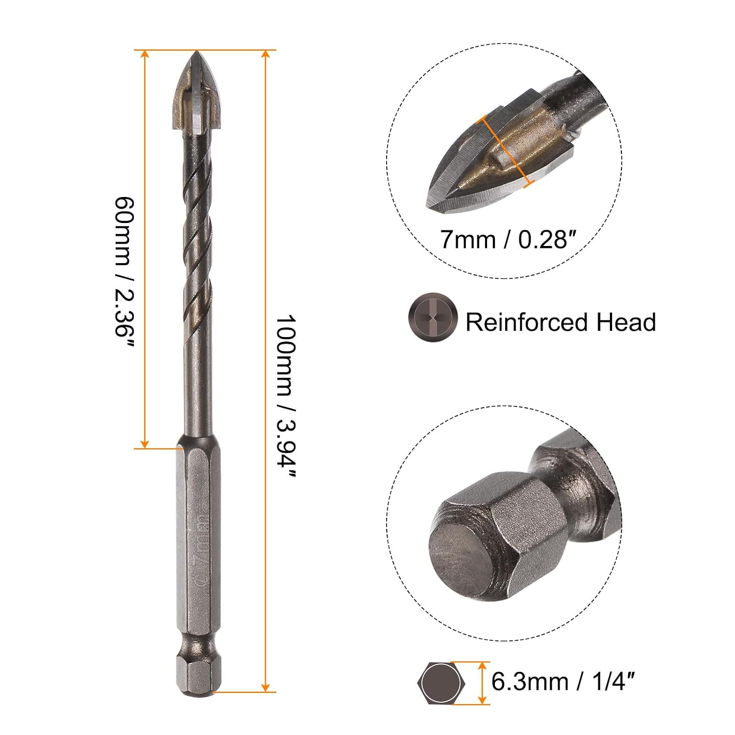 HARFINGTON 20pcs Titanium Masonry Drill Bit, 7mm Concrete Drill Bits Ceramic Tile Drill Bit with 1/4" Hex Shank 100mm Length for Ceramic Tile Marble Mirror Glass Concrete Brick Plastic Wood