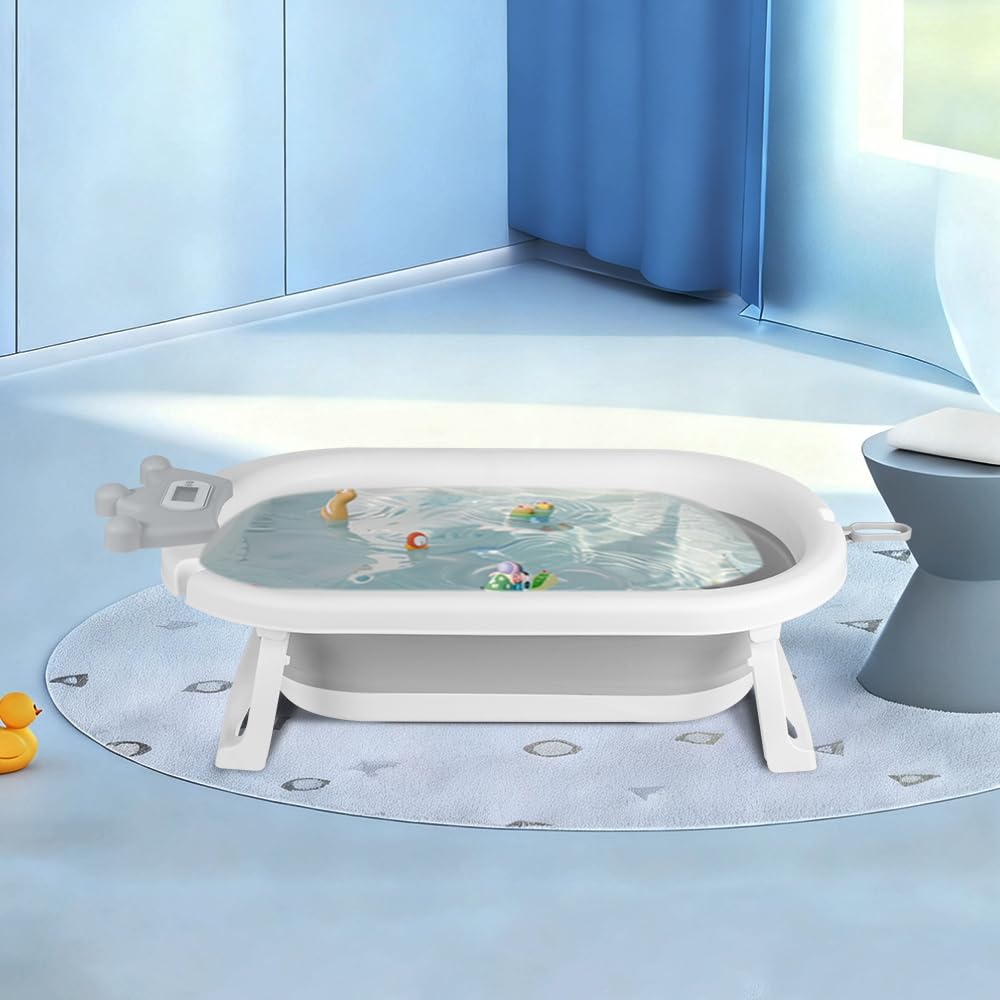Homewell Vasca da bagno pieghevole per neonati con cuscino da bagno e termometro digitale, vasca da bagno per bambini per la casa e i viaggi, ideale per regalo di nascita, ragazza o ragazzo (corona)