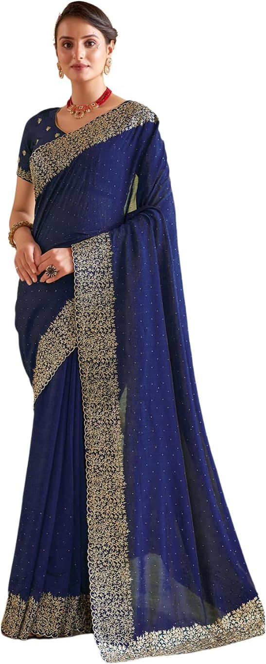 Satrani Women's Vichitra Silk Hot Fixing Embroidery Border Saree with Unstitched Blouse Piece