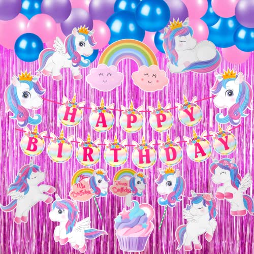 Image of Party Decorz Unicorn Theme Birthday Decoration Set Of 47pcs(1pcs Happy Birthday Banner +12pcs Unicorn Paper Cutout +2pcs Props +1pcs Cake Topper+1pcs Pink Curtain +30pcs Balloons)For Rainbow Theme