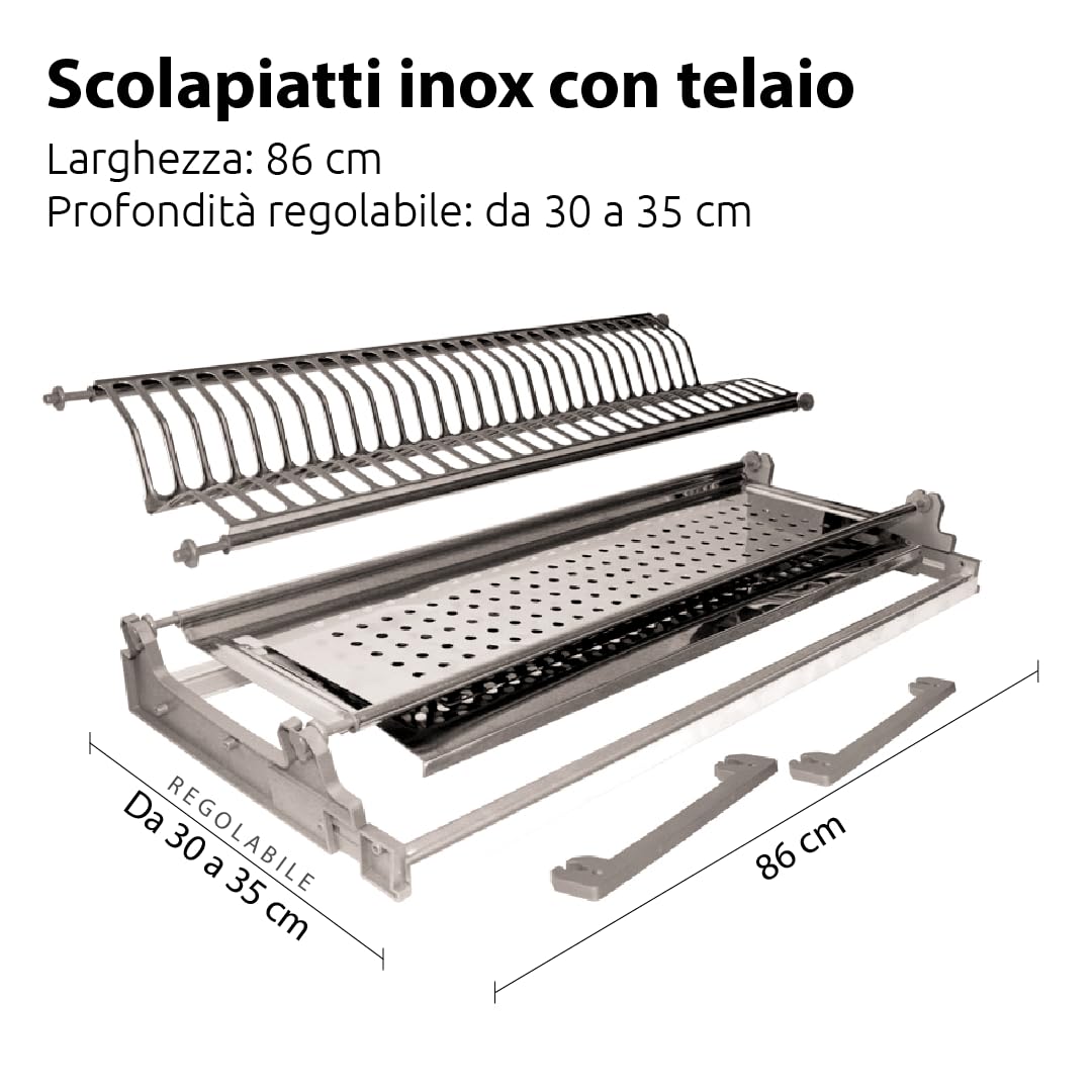 VI.TEL. Kit Scolapiatti a molla Acciaio Inox con Supporto Vasca e telaio griglia portapiatti (86 cm per pensile 90 cm)
