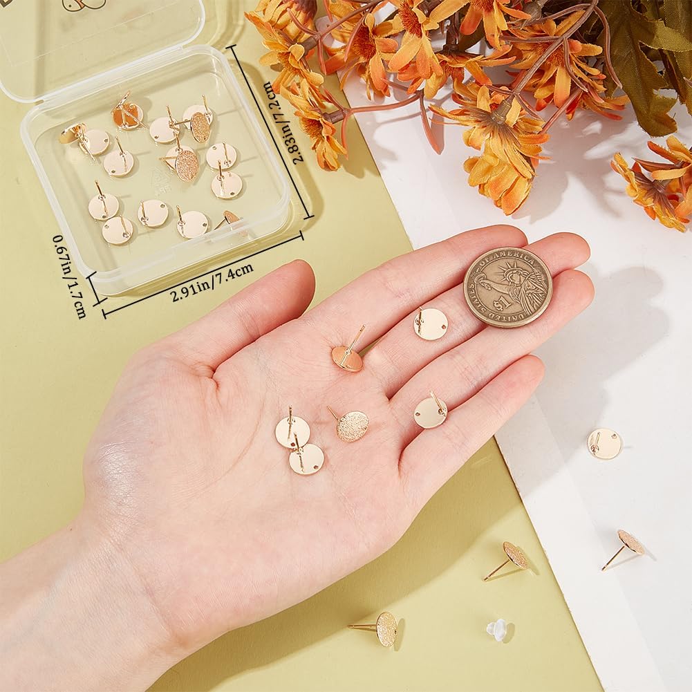 Beebeecraft 1 Box 32Pcs Round Earring Posts Real 18K Gold Plated Brass Earring Studs with Loop and Ear Nuts Hammered Texture Blank Stud Earring Findings for Jewelry Making Supplies DIY Crafts