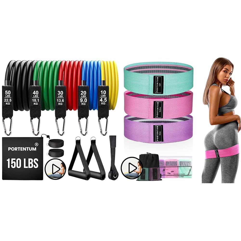 PORTENTUM Elastique Musculation avec 5 Niveaux différents allant jusqu'à 150 lbs (68 kg) & Elastique Musculation Lot de 3 Bandes Elastiques de Fitness antidérapantes en Tissu