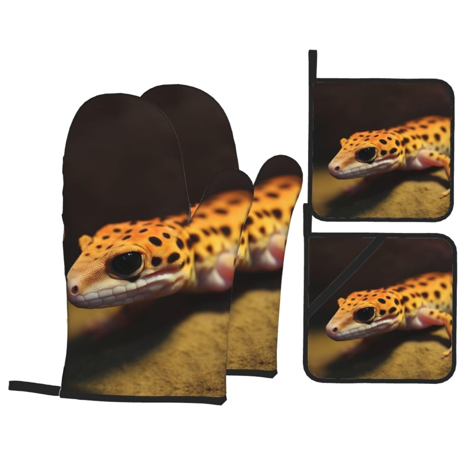 4 Piece Oven Mitts and Pot Holders Set Heat Resistant Oven Gloves and Potholders BBQ Gloves Hot Pads Leopard Little Gecko Cooking Gloves for Kitchen Baking Grilling