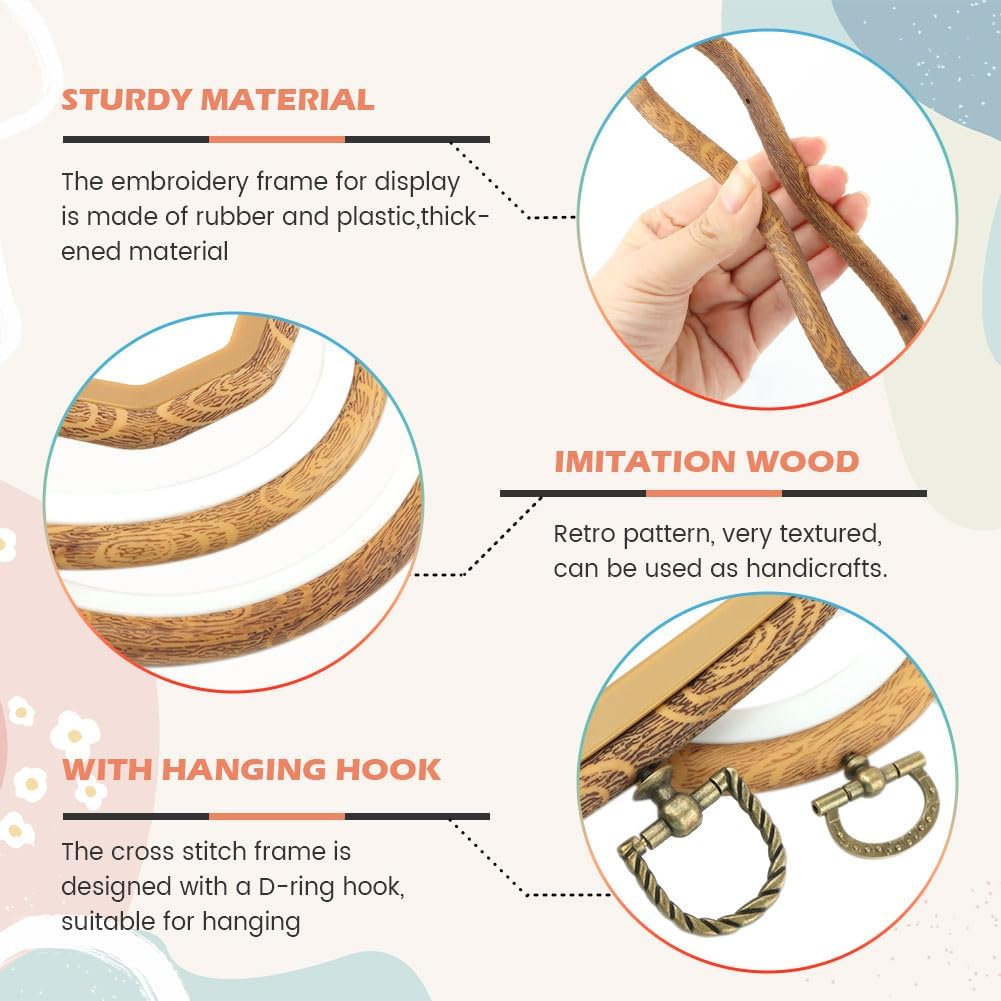 9 Pcs Large Embroidery Frame Decorative Imitated Wood Display Embroidery Hoop Circle Oval Octagonal Cross Stitch Hoop Ring for Art Craft DIY Sewing and Hanging Ornaments Decor(Color:Brown)
