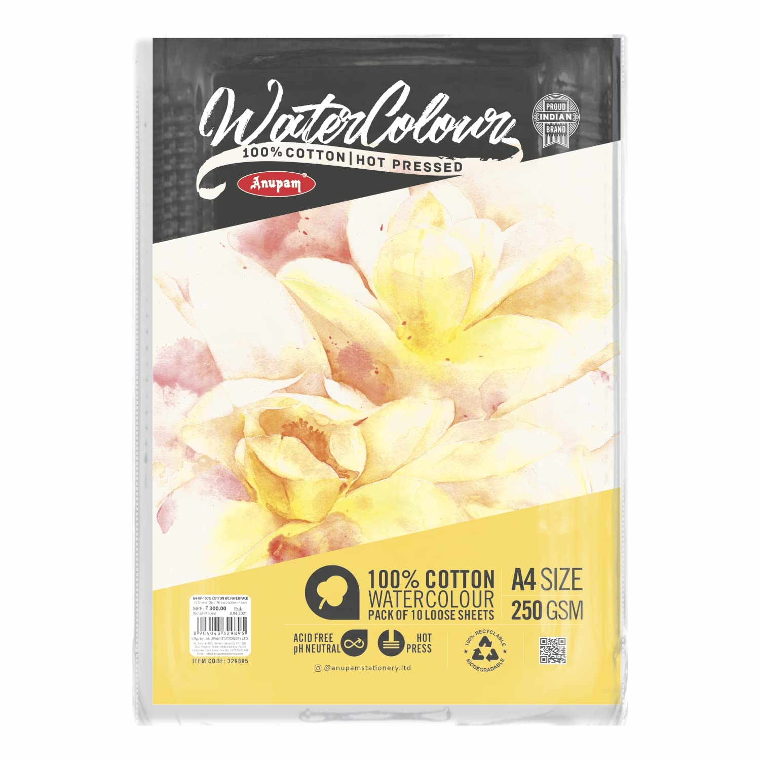 Anupam 100% Cotton Watercolour Paper Loose Sheets - Natural White - Hot Press Paper - 250 GSM - 10 Sheets - A4 (B0BT7MDPWQ) Amazon Price History, Amazon Price Tracker