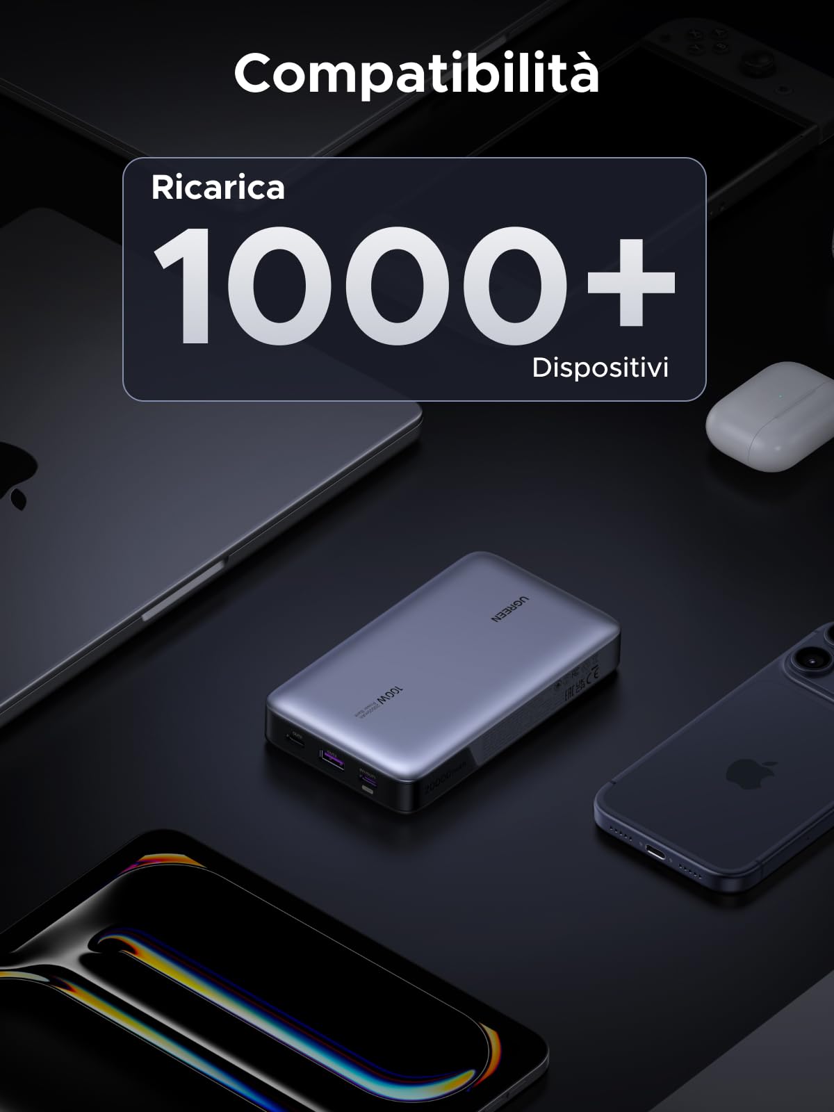 UGREEN Nexode 100W Power Bank 20000mAh Caricatore Portatile PC USB C | Ricarica Rapida, 3 Porte 2C1A, ThermalGuard, LED, Compatibile con iPhone 17 16 15 14 Galaxy S26 S25 S24 iPad MacBook Air Pro