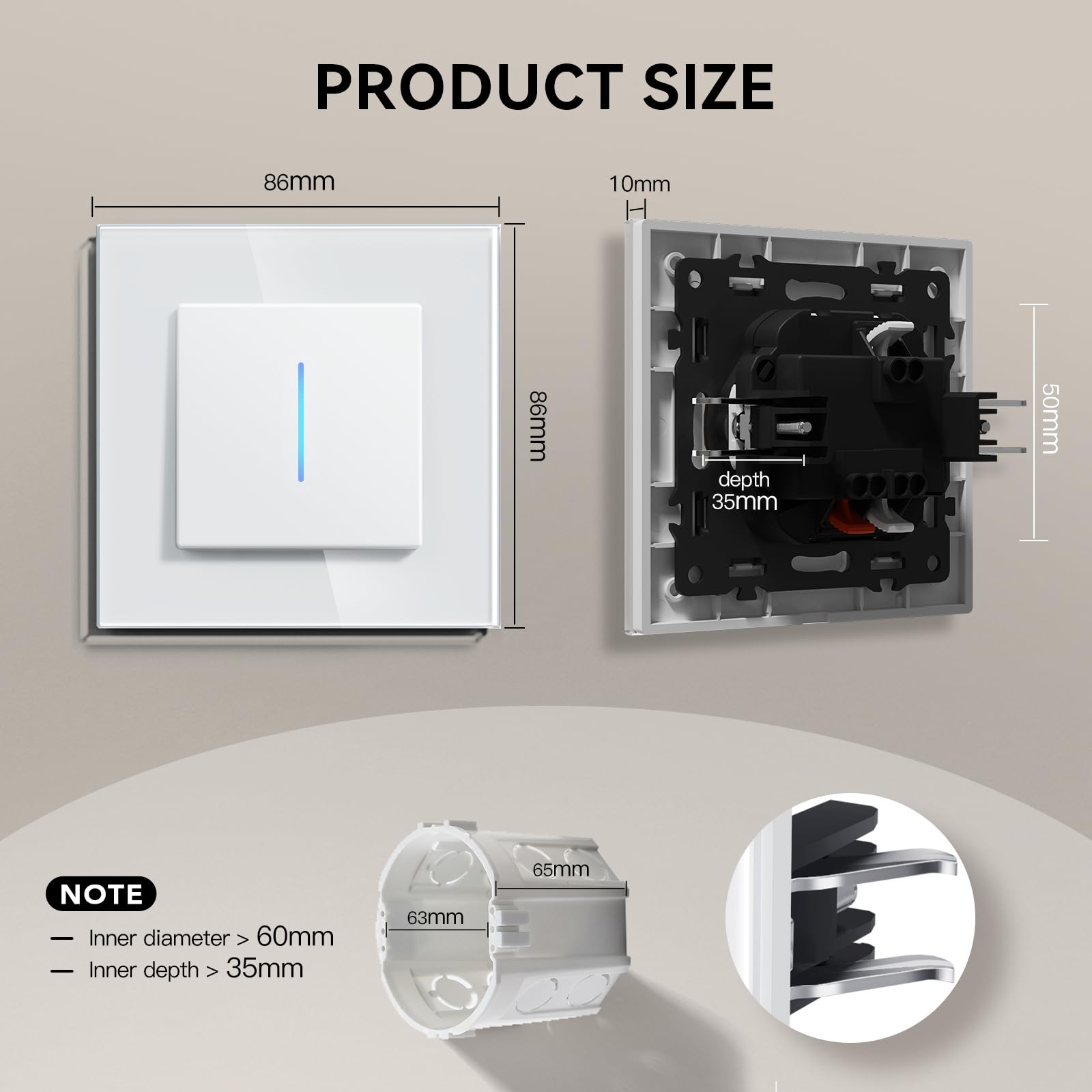 BSEED włącznik ścienny, Niebieskie podświetlenie LED,Panel ze szkła hartowanego, Nowoczesny design i elegancki wygląd, Zacisk szybkomontażowy, Włącznik jednobiegunowy - 2Pack, Biały