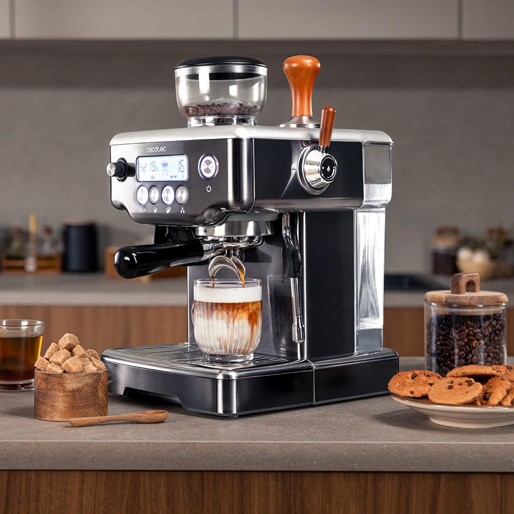 Cecotec Macchina Espresso Barista Power Espresso 20 Barista Steel & Grind. 2200W, 20Bar, Macinacaffè Conico, 2.1L Serbatoio Acqua, 180g Caffè, 30 Livelli, Thermoblock, Doppio Braccio, Accessori
