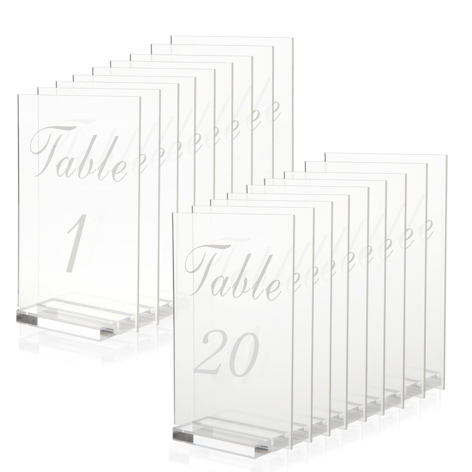 Tischnummern für Hochzeiten, 1–20, mit Ständer, 10,2 x 15,2 cm, transparente Tischnummern für Hochzeit, Party, Empfang, Platznummern, Karten, bedruckte Kalligraphie-Schrift für Veranstaltung,