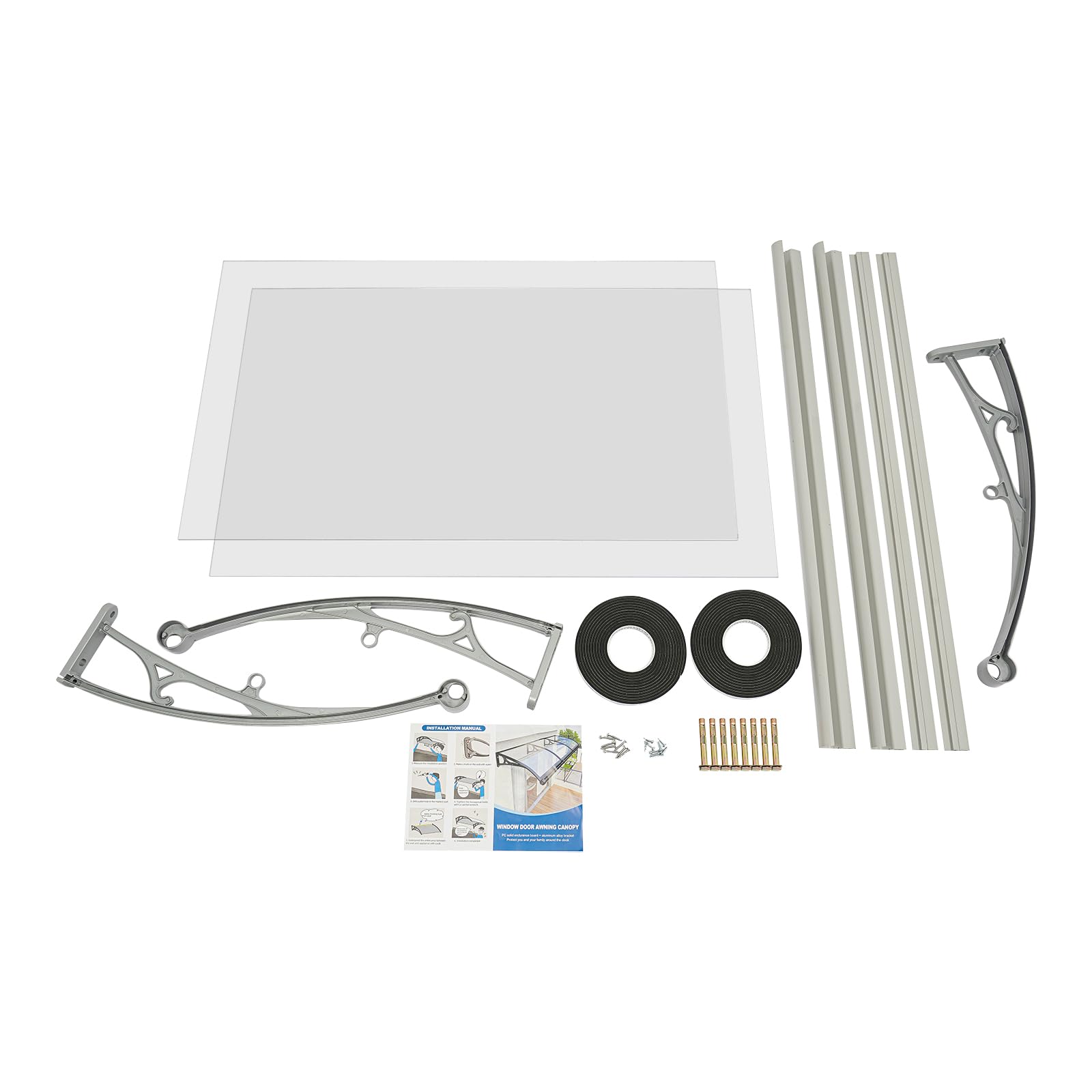 Marquesina para Puerta de casa, 200 x 60 cm, con Marco Plateado + Placa Transparente, toldo de Aluminio para Puerta de Entrada, toldo para Exterior, protección Solar y Lluvia