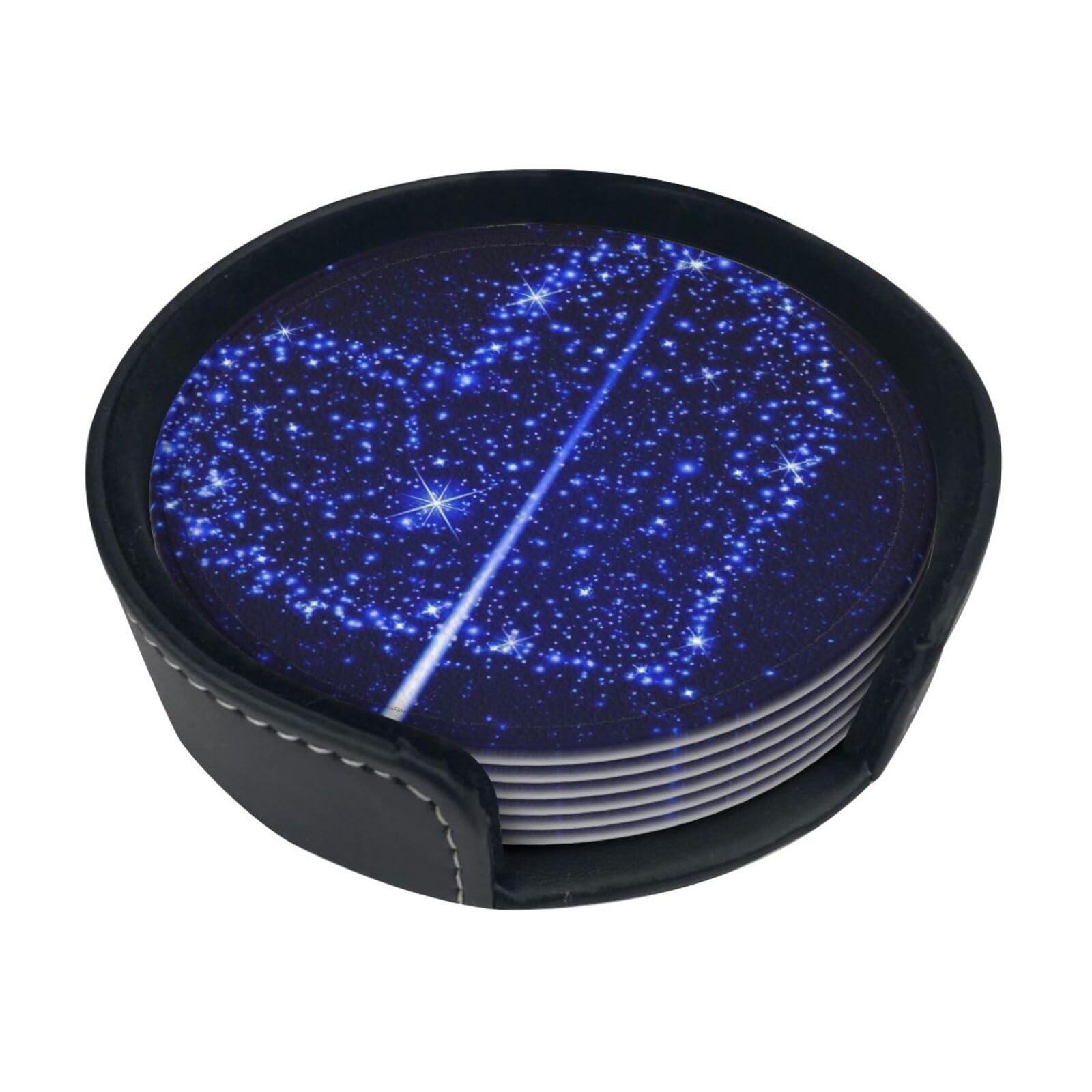 Shooting Star Heart Print Leather Coasters Set Of 6 With Holder,4 Inch Round Drink Coasters,Heat Resistant,Easy Clean For Home & Bar