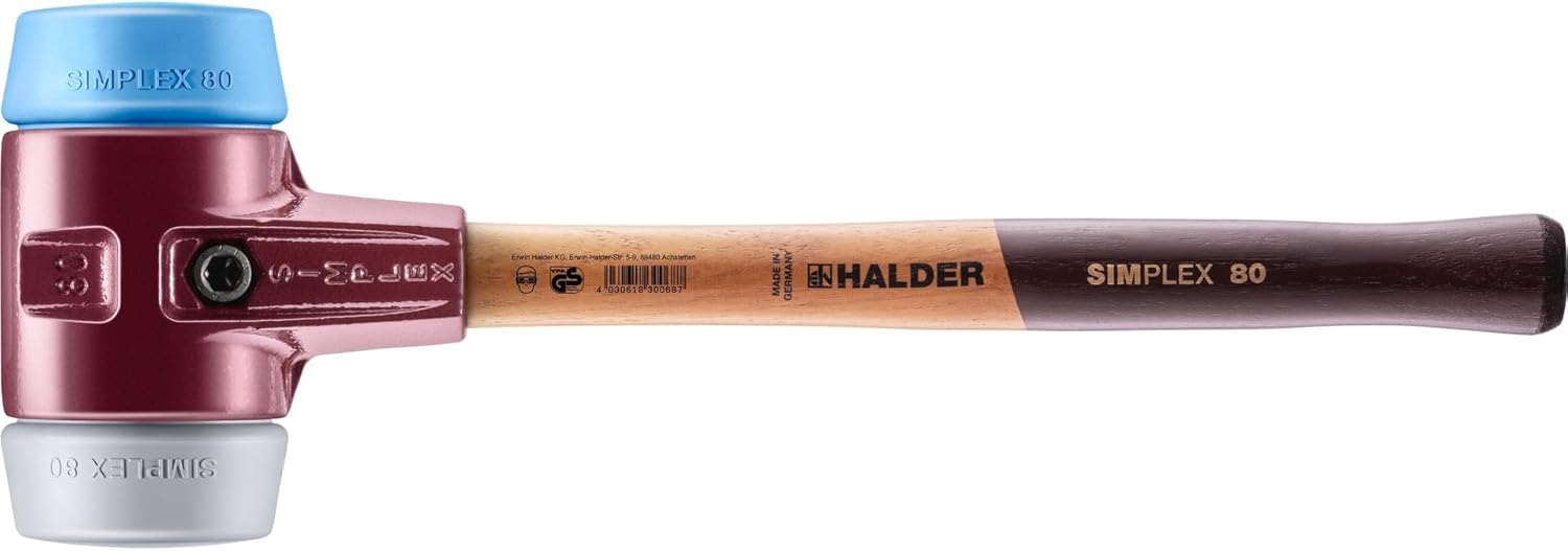 Halder Simplex Mallet 80mm – Dual Faces, TPE-Soft & TPE-Mid Inserts, Cast Iron Housing with Protection Sleeve, Hickory Handle, Stone, Masonry & Assembly – 3013.080