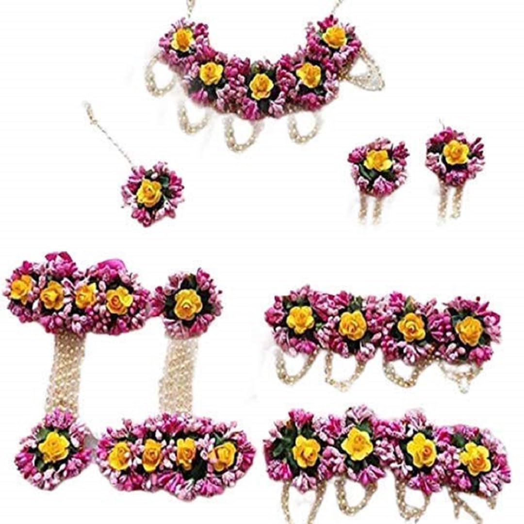 Flower and Pearl Jewellery Set for Haldi/Mehandi/Engagement/Shadi/Functions for Girls & Women (YellowPinkBajuband)-image-3