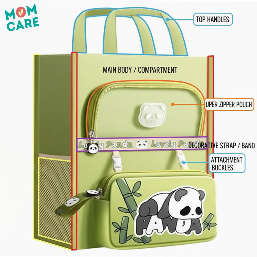 MOM CARE Kids Lunch Bag for School Boys Girls | Cute Panda Insulated Tiffin Bag with Front Pocket | Waterproof Lightweight Multipurpose Tote Bag for Picnic Travel Swimming Daycare | 33 x 33 cm Green 3