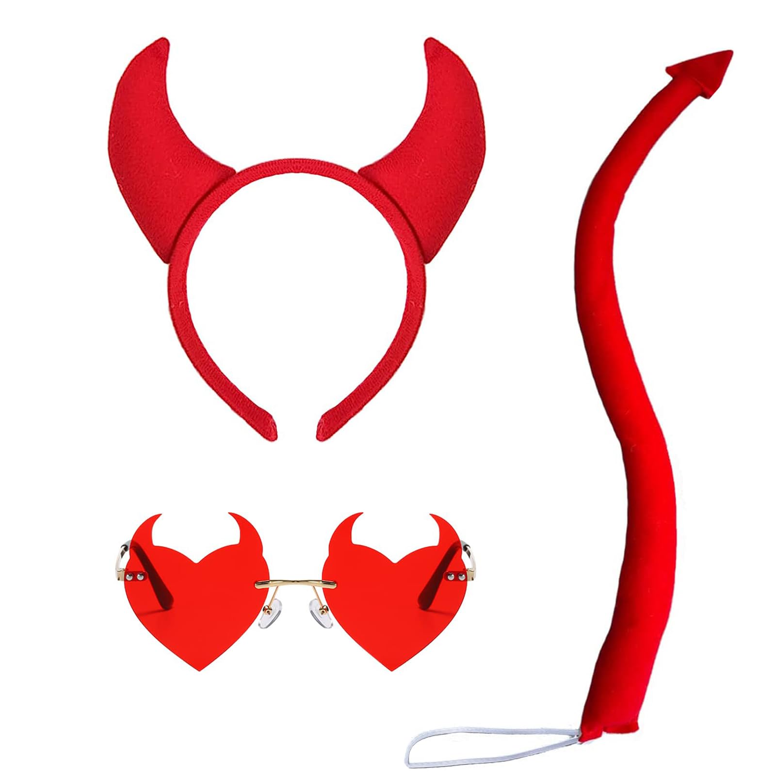 Demon halloween Devil Costume Set, Devil Horns Headband and Devil Tail and Devil Horns Heart Sunglasses Halloween Devil Demon Cosplay Costume Party