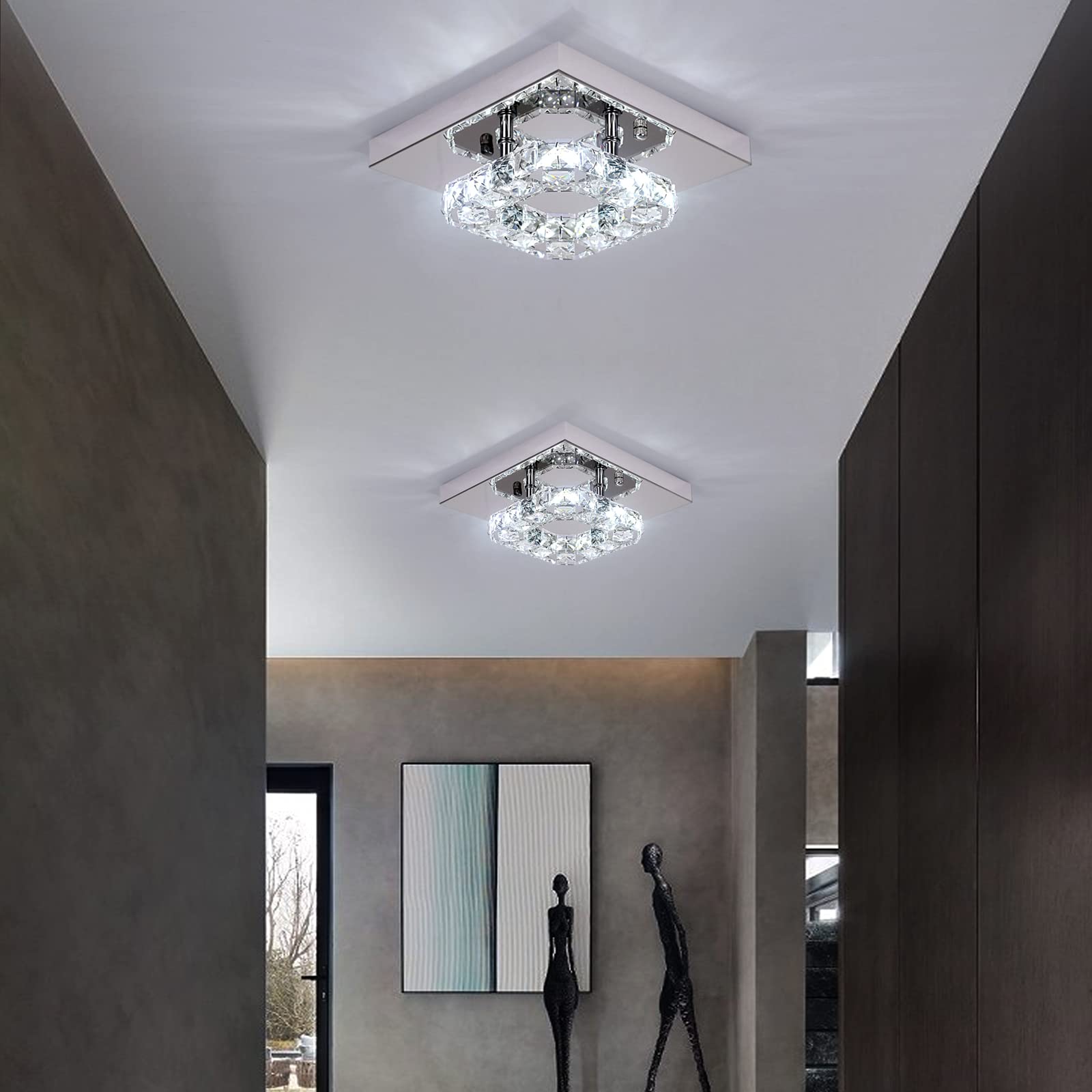 GreeLustr Mini Kristall Kronleuchter LED Moderne Kristall Deckenleuchte, Austauschbare Pendelleuchte Quadrat K9 Crystal Einbauleuchte Edelstahl Deckenlampe für Hall, Wohnzimmer, Esszimmer