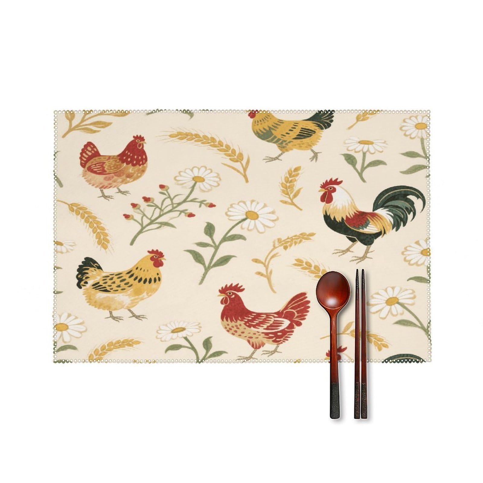 Chicken and Rooster Print Placemats Set of 6 Non-Slip Stain Resistant Indoor Outdoor Table Mat Washable Cloth Place Mat Fashion Kitchen Placemat for Dining Table Decoration 17.7x11.8 in