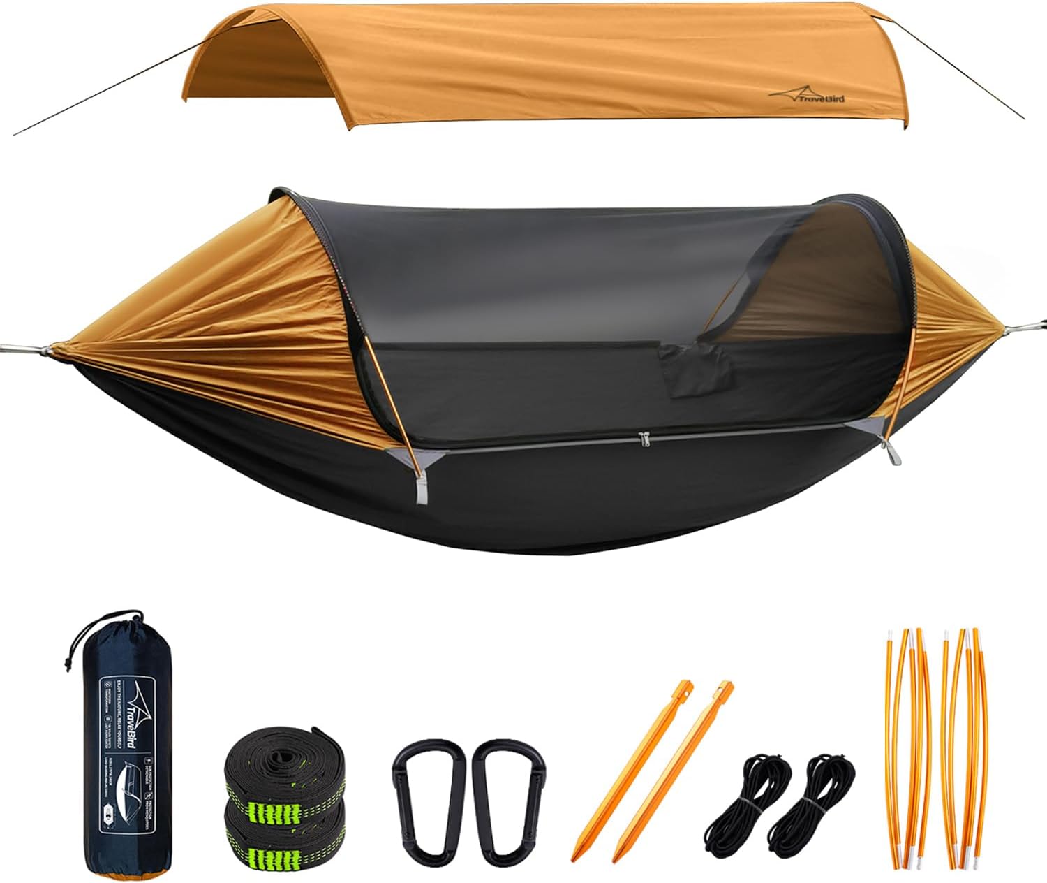 Camping Hammock Tent with Mosquito Net and Removable Sunshade, 3 in 1 Function Large Portable 2 Person Hammock, Double Single Hanging Hammocks Tree Straps Swing, Ground Tent for Outside