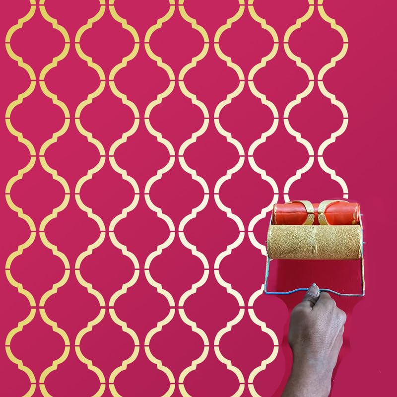 Image of Design Paint Roller with Moroccan Trellis Pattern - Reusable Decorative Wall Texture Roller for DIY Home Decor, Accent Walls, Furniture, and Crafts - Durable Embossed Stencil Painting Tool