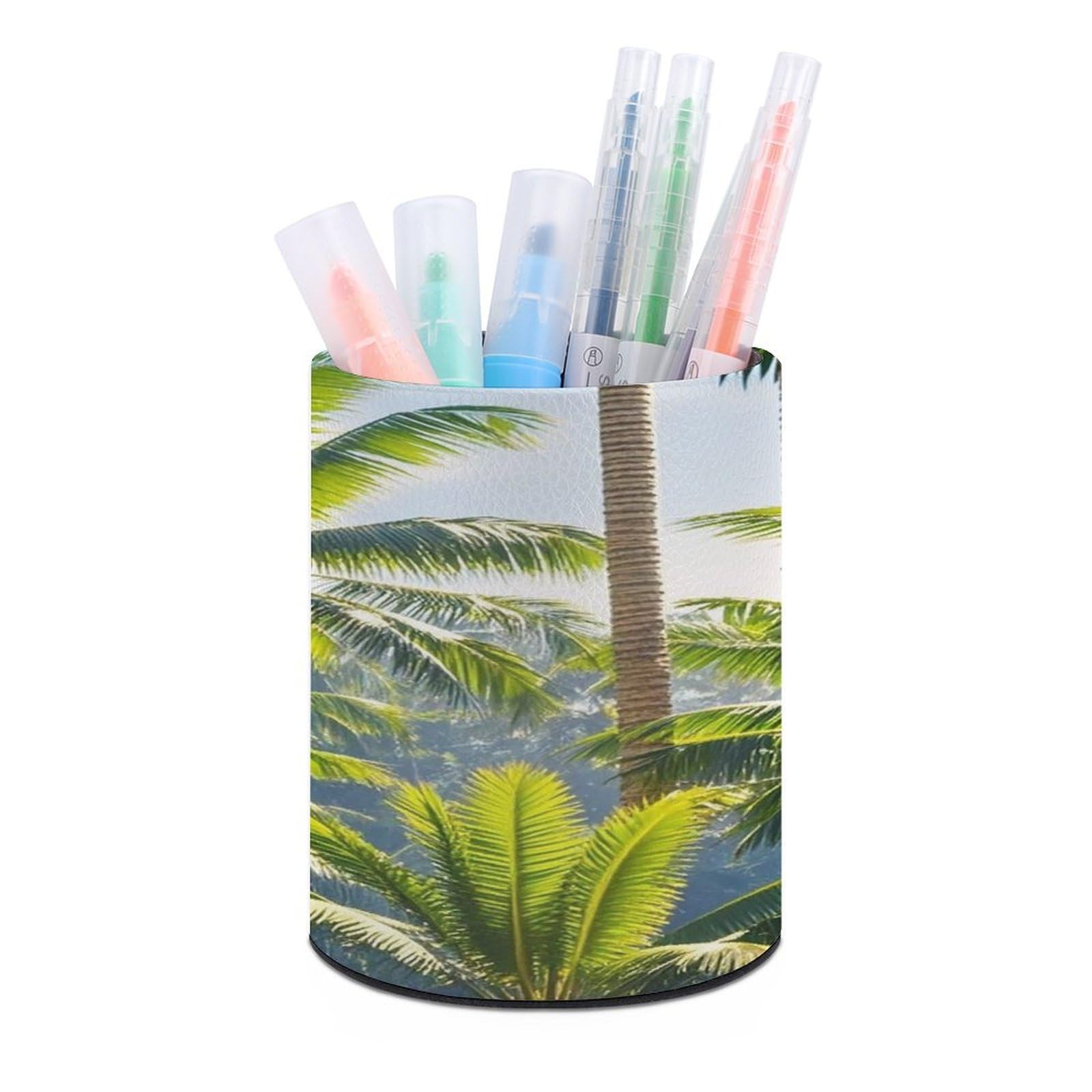 FekiLoot Round Palm Trees Pen Holder for Desk PU Leather Waterproof Pencil Cup Stand Minimalist Makeup Brush Storage Organizer Desktop Stationery Container Accessorires