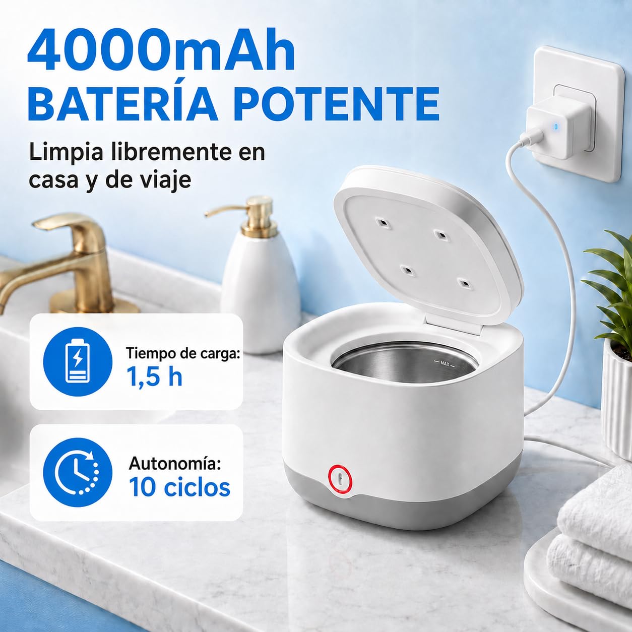 Limpiador Ultrasonidos Dental para Férulas y Retenedores (Blanco) | Depósito de 200ML, Limpieza por Ultrasonidos de 45kHz con 24W, Batería 4000mAh y 4 Lámparas UV para Dentaduras y Joyas