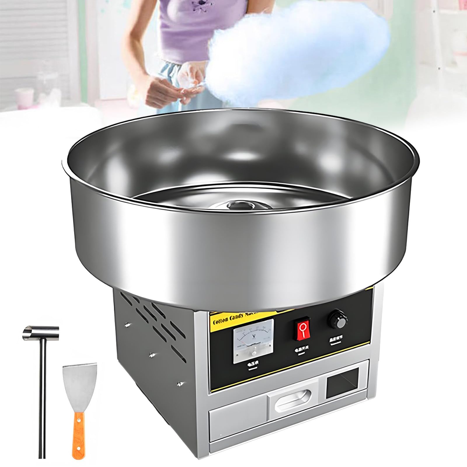 Macchina per Zucchero Filato DIY Elettrica, Macchina per Zucchero Filato Commerciale da 1200W, Temperatura Regolabile, con Ciotola in Acciaio Inox, Cucchiaio per Zucchero e Cassetto di Conservazione
