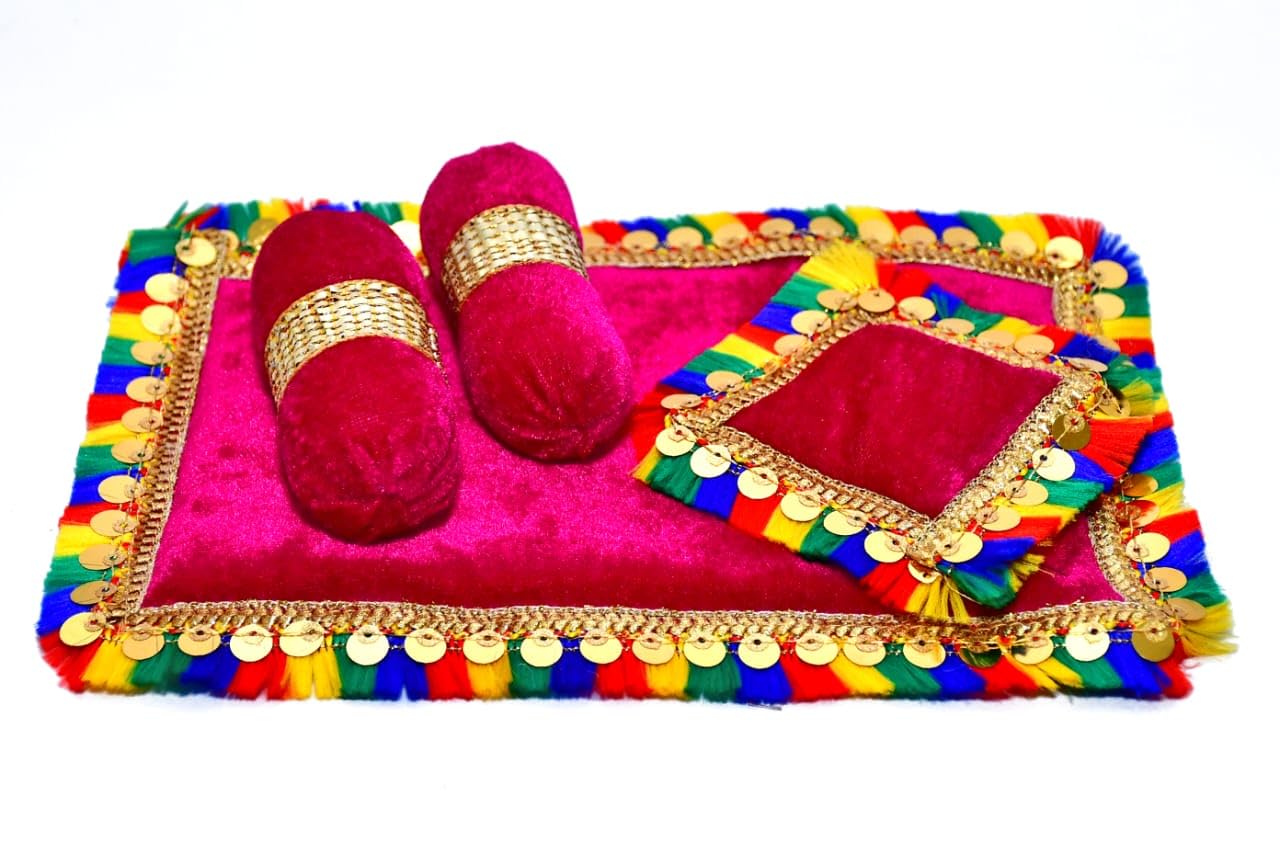 SAMRUDDHI Home Decor Laddu Bal Gopal Thakurji Bedding Set (Handcraft Aasan, Head & 2 Side Pillow Set) Laddu Gopal Bister Gaddi Bedding Set Cotton -Blue 1