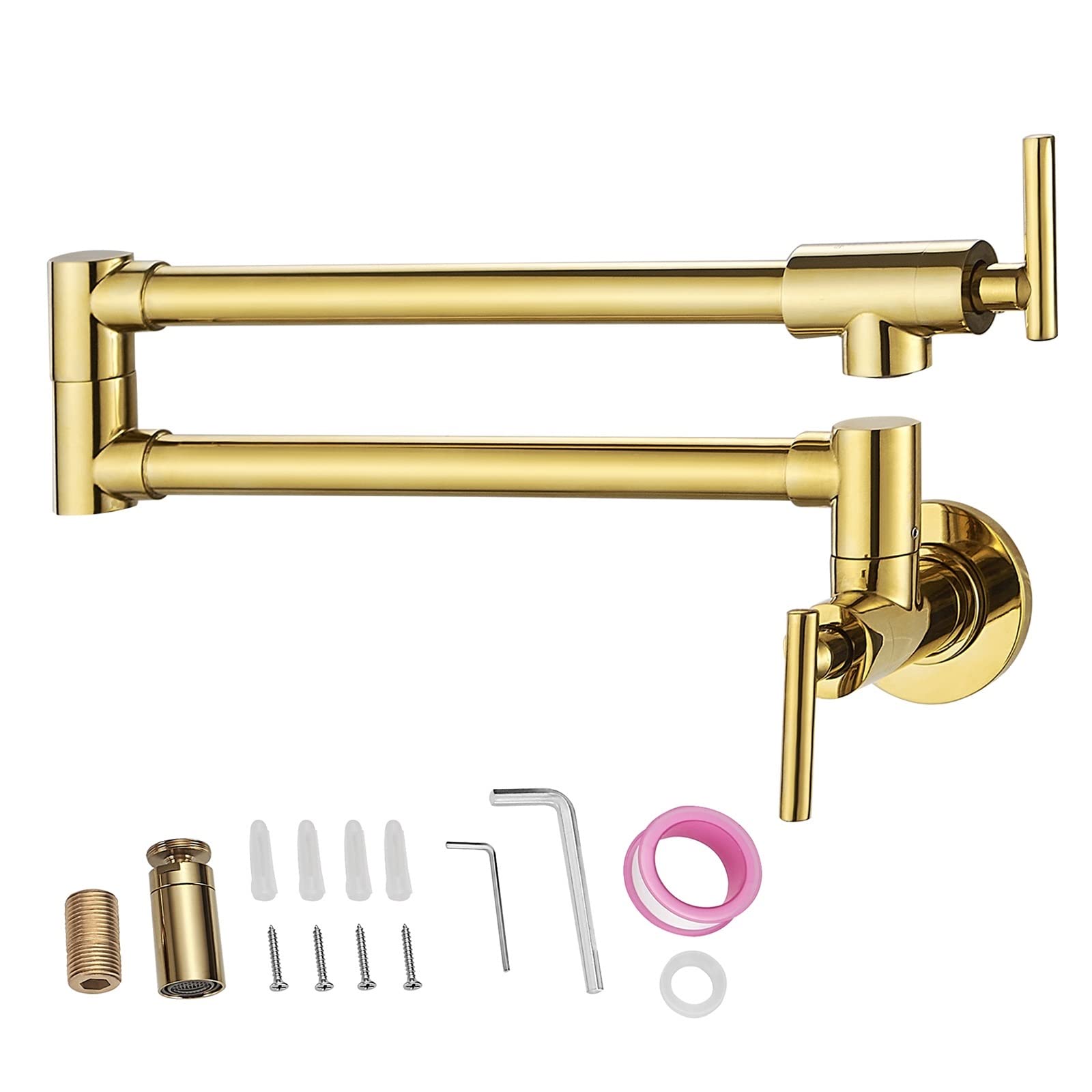 Pot Filler Double Faucet Solid Brass Commercial Wall Mount Kitchen Stove Faucet with Matte Black Finish Folding Restaurant Swing Arm(24.4in Gold)