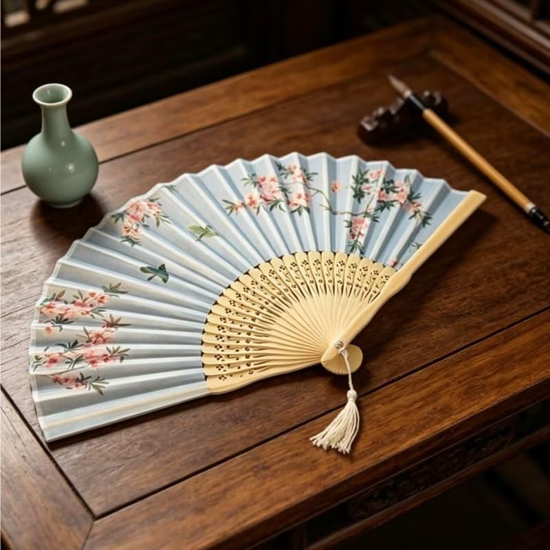 Chinese Peach Blossom Folding Fan Vintage Portable Elegant Hand with Tassel