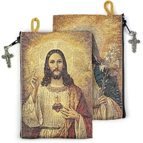Image of Catholic Rosary Pouch, 4 inch x 6 inch Jewelry & Coin Purse with Cross, Small Woven Tapestry Icon Bag, Bolsa de Rosario Catolico para Joyeria, Sacred Heart of Jesus & Immaculate Heart of Mary, 4 inch x 6 inch
