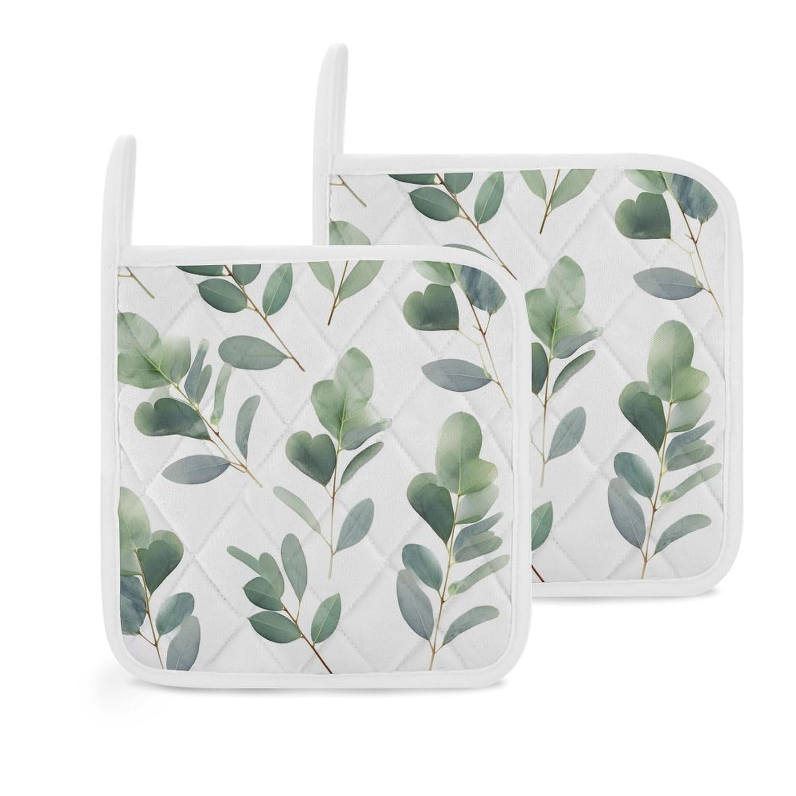 Pot Holders Set of 2 Kitchen Heat Resistant Potholders Eucalyptus Leaves Cotton Lining Oven Hot Pads for Cooking Baking BBQ Microwave Kitchen Accessories
