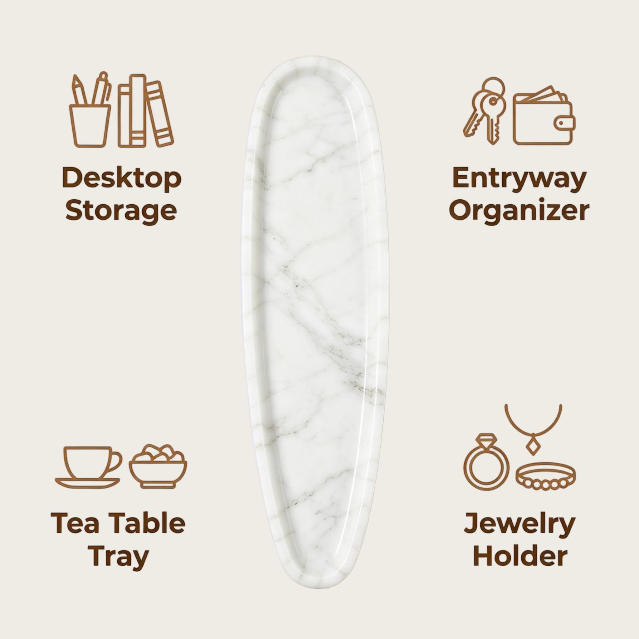 Plateau en marbre 100 % naturel – Organiseur de salle de bain, coiffeuse, placard | Plat à bijoux compact, présentoir de parfum, cadeau pour les petits espaces | Solution de rangement robuste